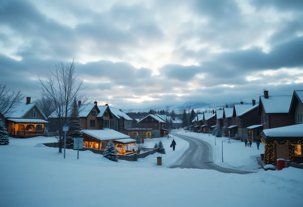 Winter weather in Clinton, SC with cloudy skies and holiday decorations