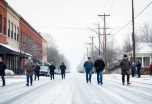 Winter morning in Clinton, SC, with icy streets and residents dressed warmly.