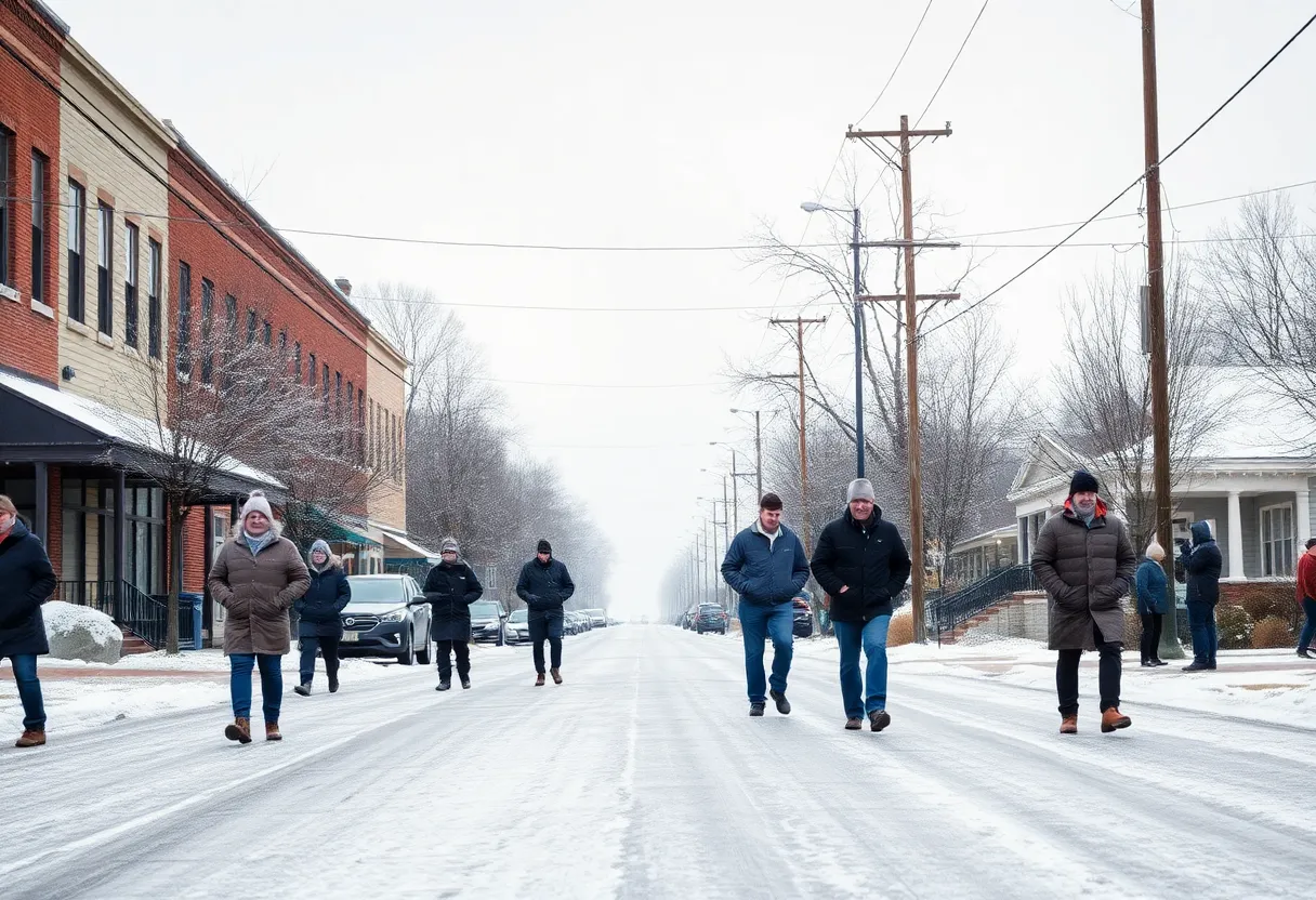 Winter morning in Clinton, SC, with icy streets and residents dressed warmly.