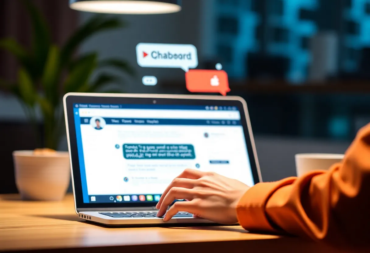 A person using a laptop for conversational marketing with a chatbot interface.