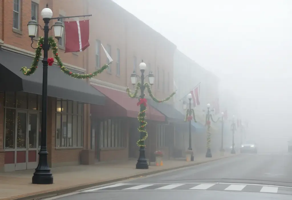 Foggy morning in Clinton, SC, with holiday decorations