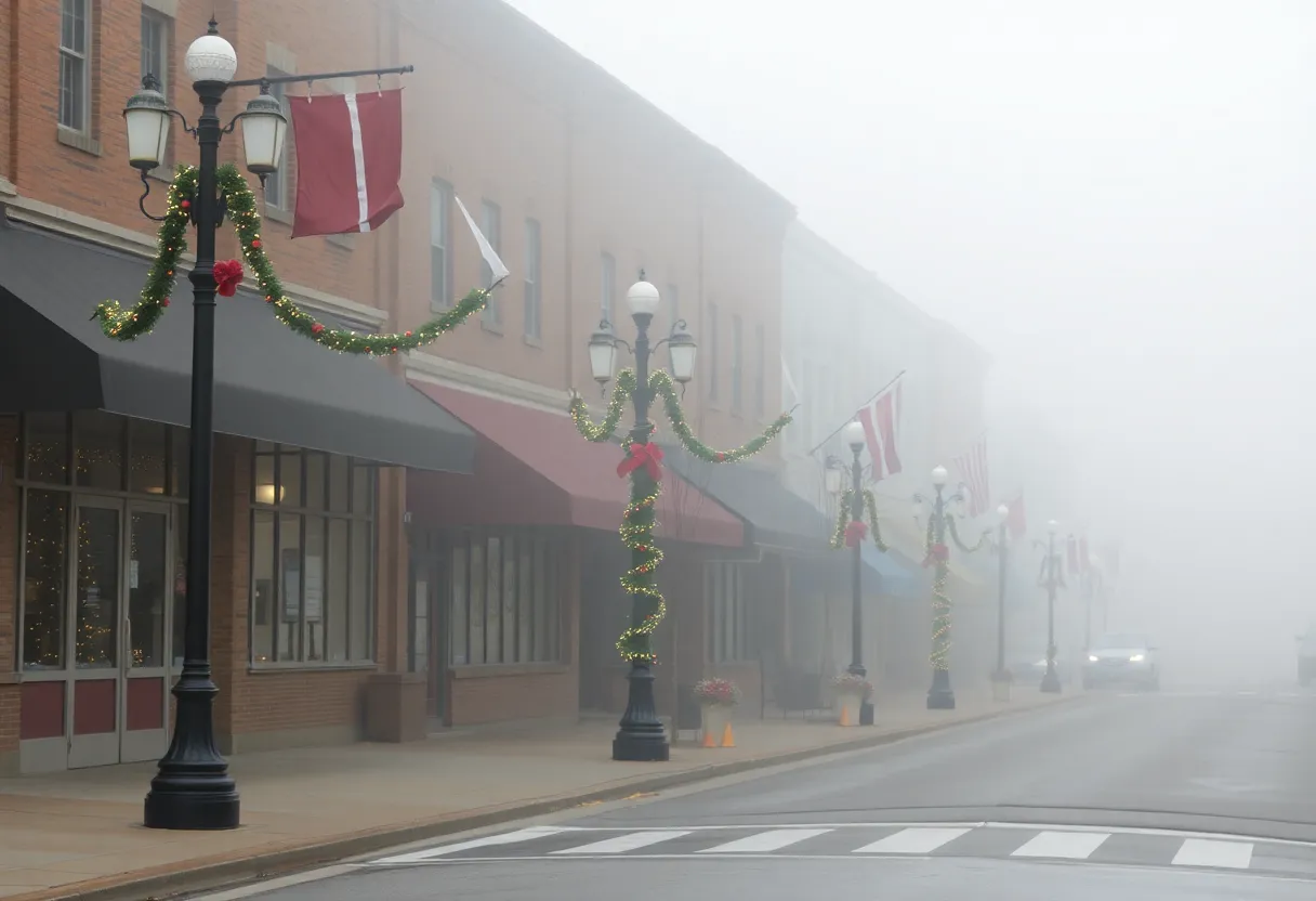 Foggy morning in Clinton, SC, with holiday decorations