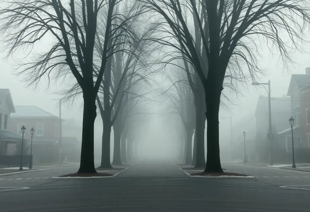 A tranquil foggy morning in Clinton, South Carolina, with trees and obscured visibility.