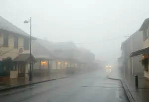 Foggy streets in Clinton, South Carolina on a rainy morning