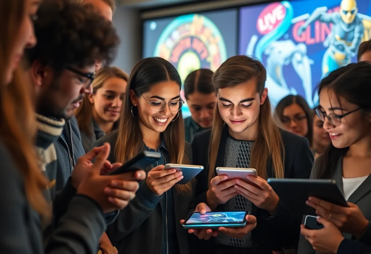 Group of people participating in interactive storytelling on devices