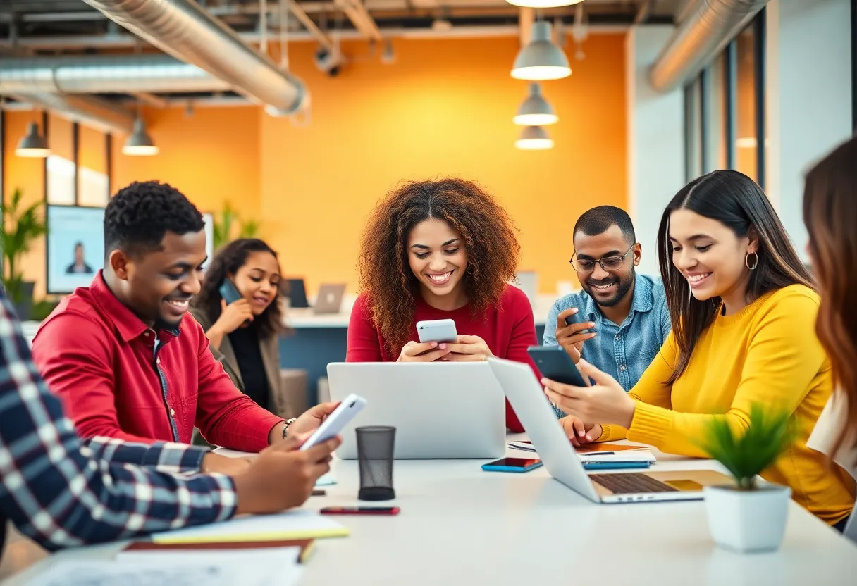 People utilizing mobile devices for marketing strategies