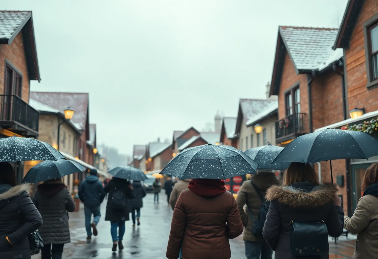 Rainy day scene in Clinton SC with people in warm clothing and umbrellas