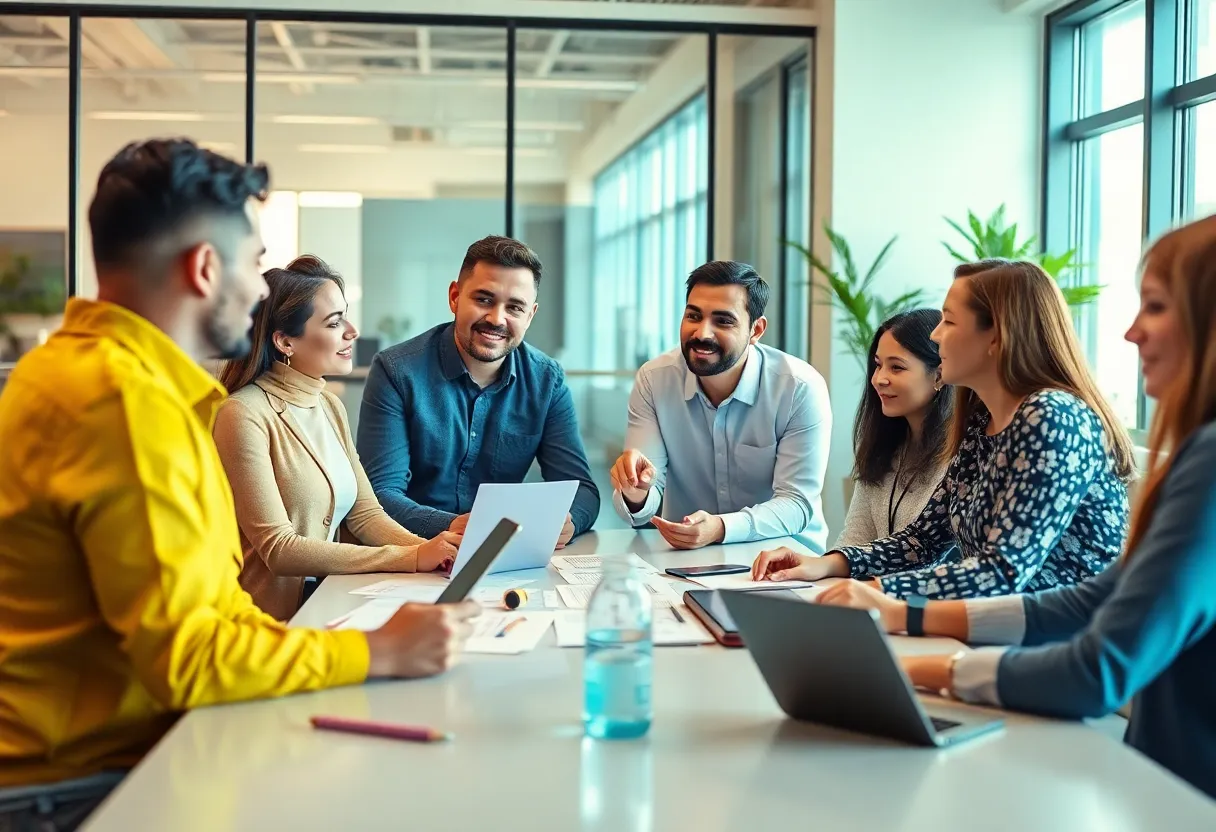 Diverse team discussing customer feedback in a modern office