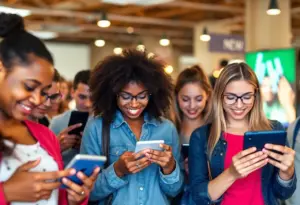 People interacting with social media platforms showcasing trends.