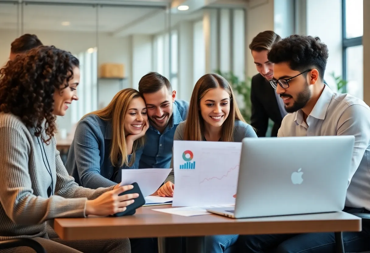 Team analyzing data for cohort analysis in digital marketing.