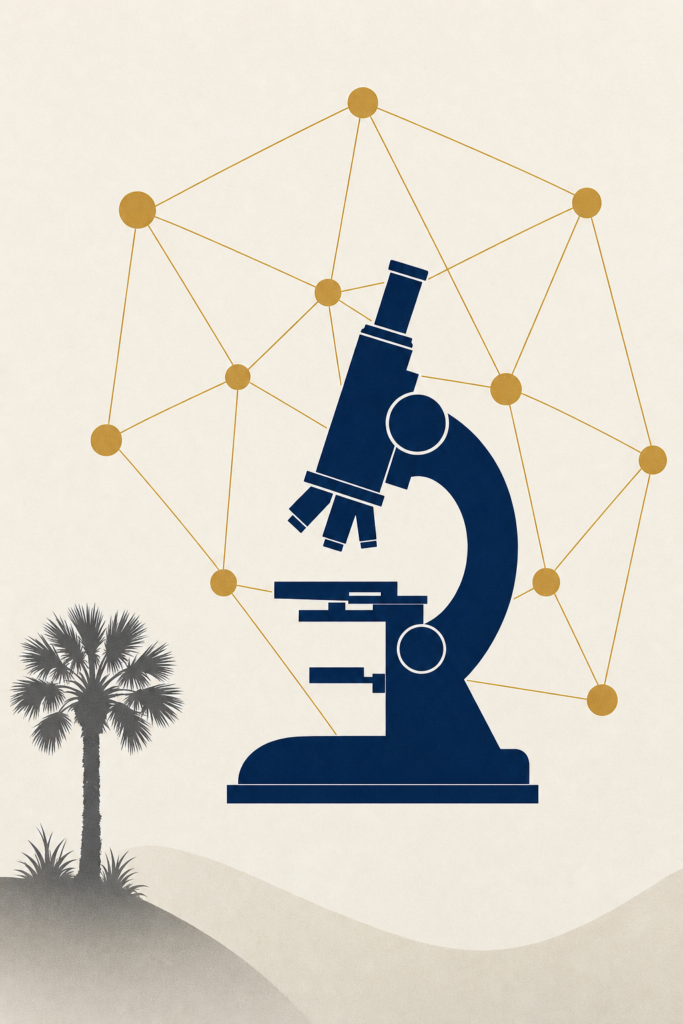 Illustration of a microscope with a network diagram behind it and a palmetto silhouette