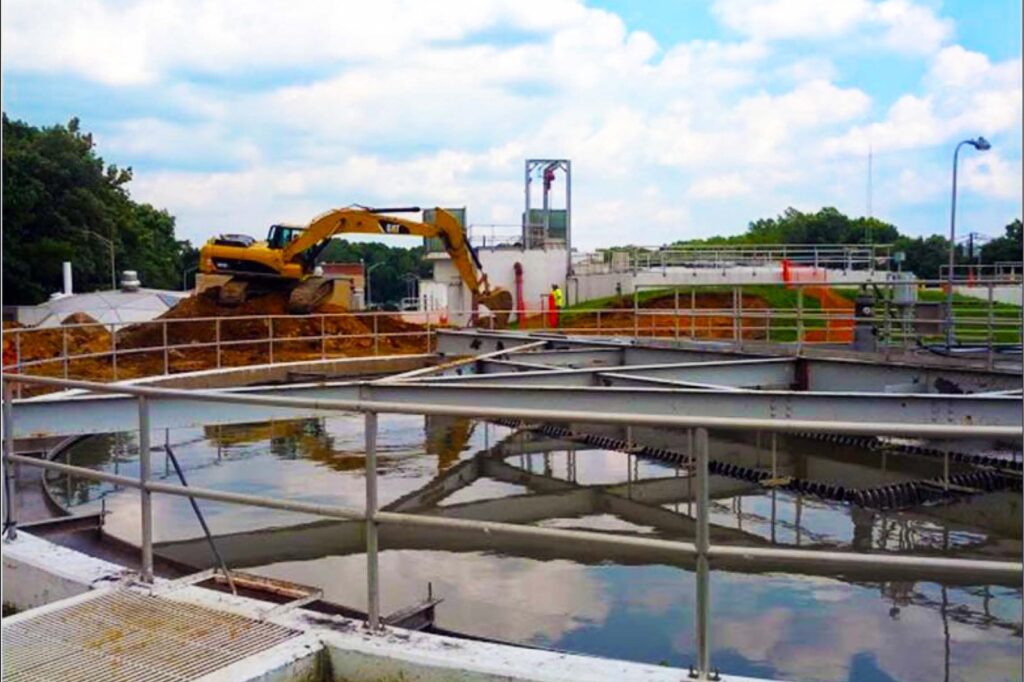 Wastewater treatment plant clarifier basin during an equipment upgrade